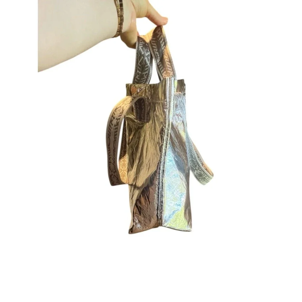 Tory Burch Metallic Silver Sublime Tote Bag with Patterned Straps